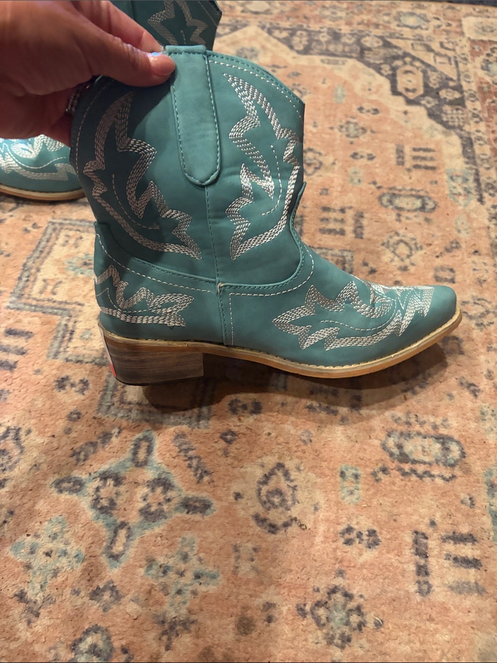 Teal Western Cowboy Boots with white Stitching - Picture 3 of 9